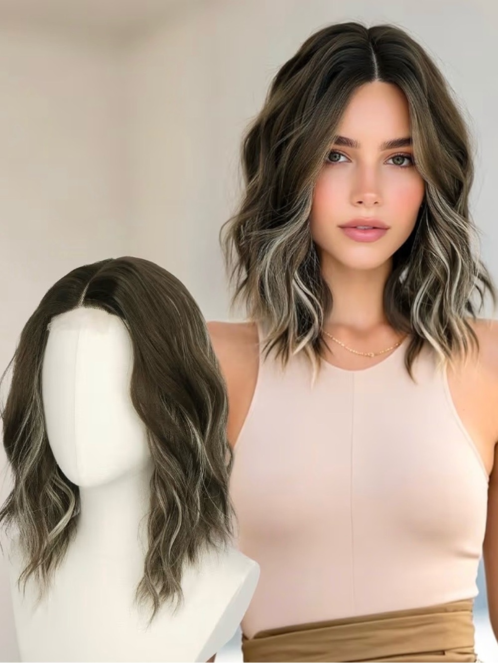 Ash Brown Blonde Highlight T Part Lace Wig for Women
